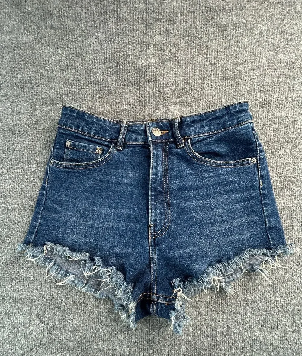 Zara High Rise Distressed Cutoff Shorts Women's US 6 Medium Wash Frayed Hem - Picture 1 of 7